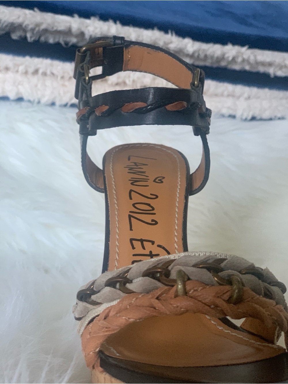 Lanvin Black, Tan & Cream Braided Cork Platform Sandals - Picture 12 of 12